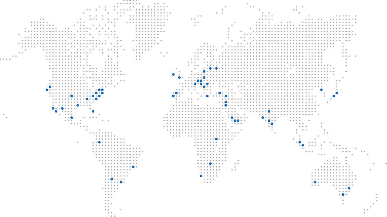The world map in polka dot style, some dots are highlighted in blue.