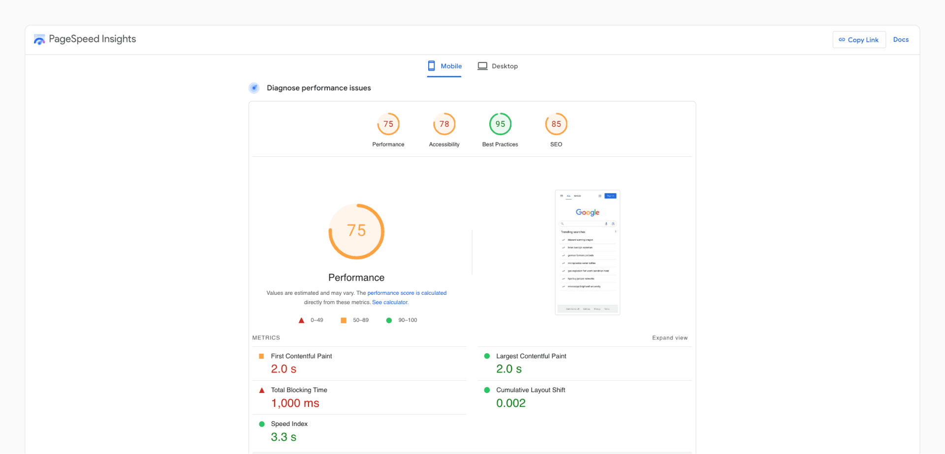 The mobile Lighthouse scores for google.com.