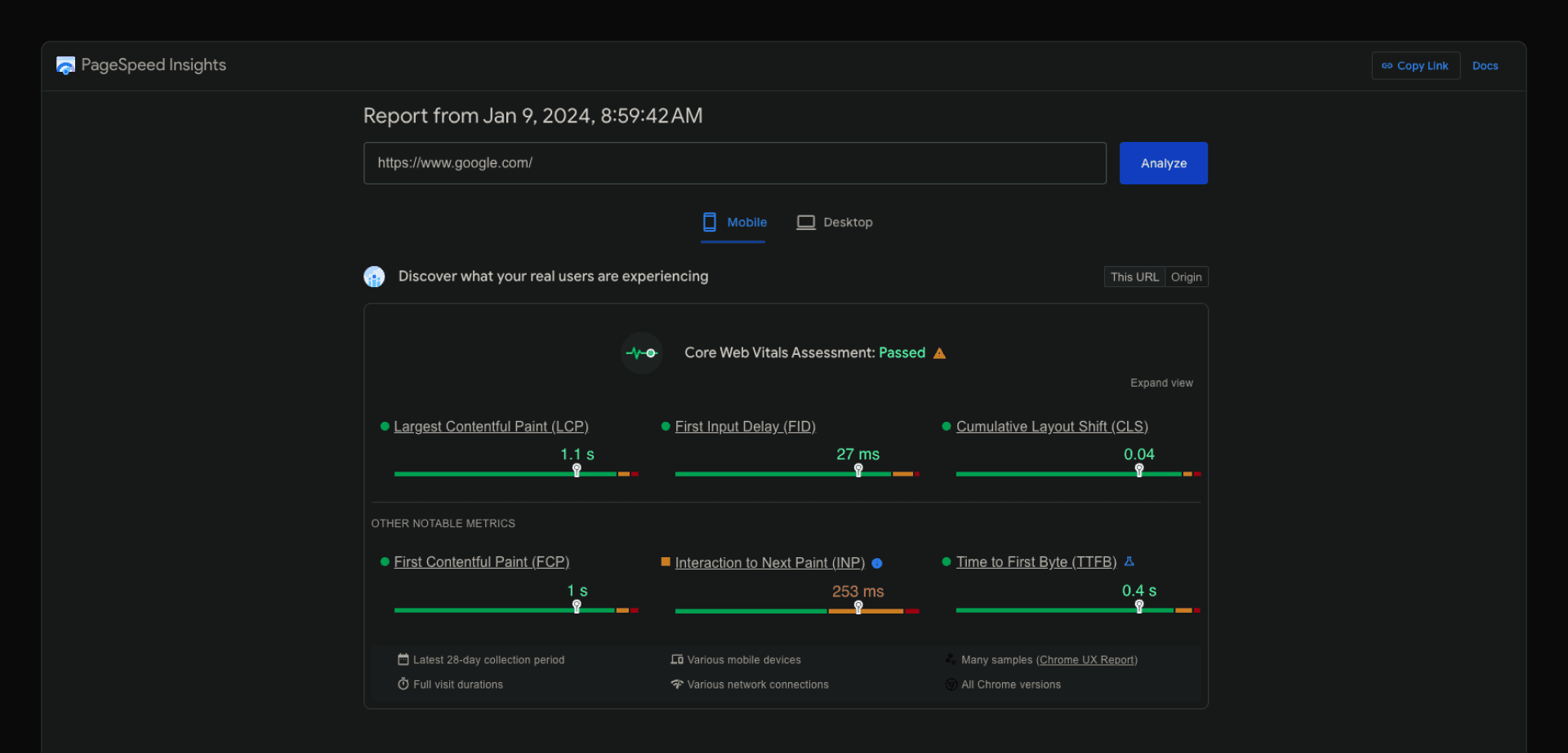 The mobile Core Web Vitals for google.com.