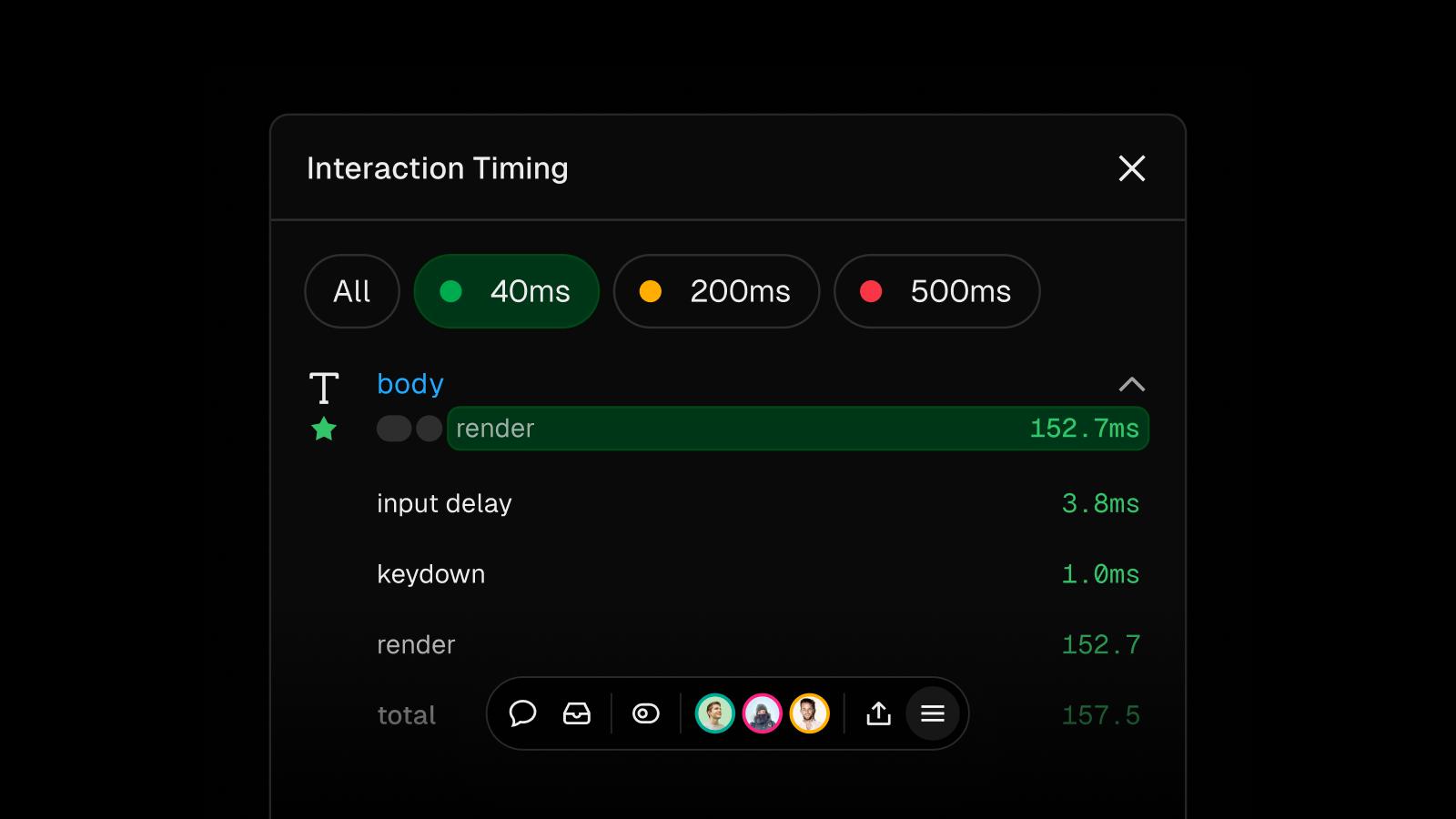 The interaction timing tool allows you to see and optimize your website's responsiveness.