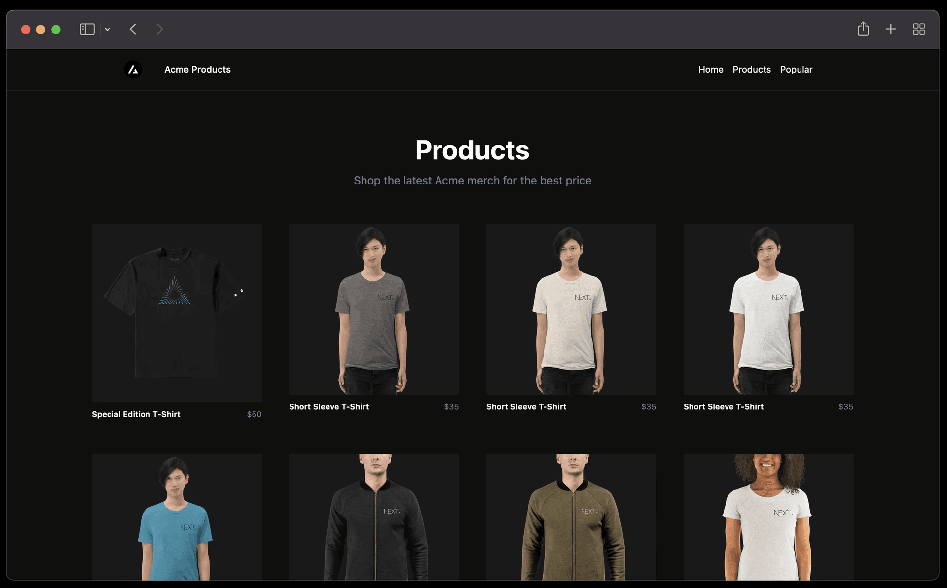 Demo website's product page