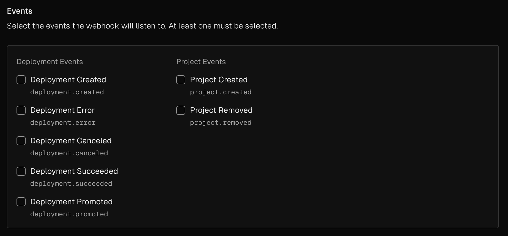 Select events for your webhooks to listen.