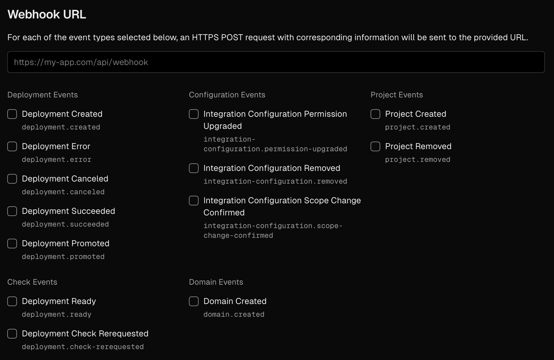 Specifying the webhook URL and events to listen to.