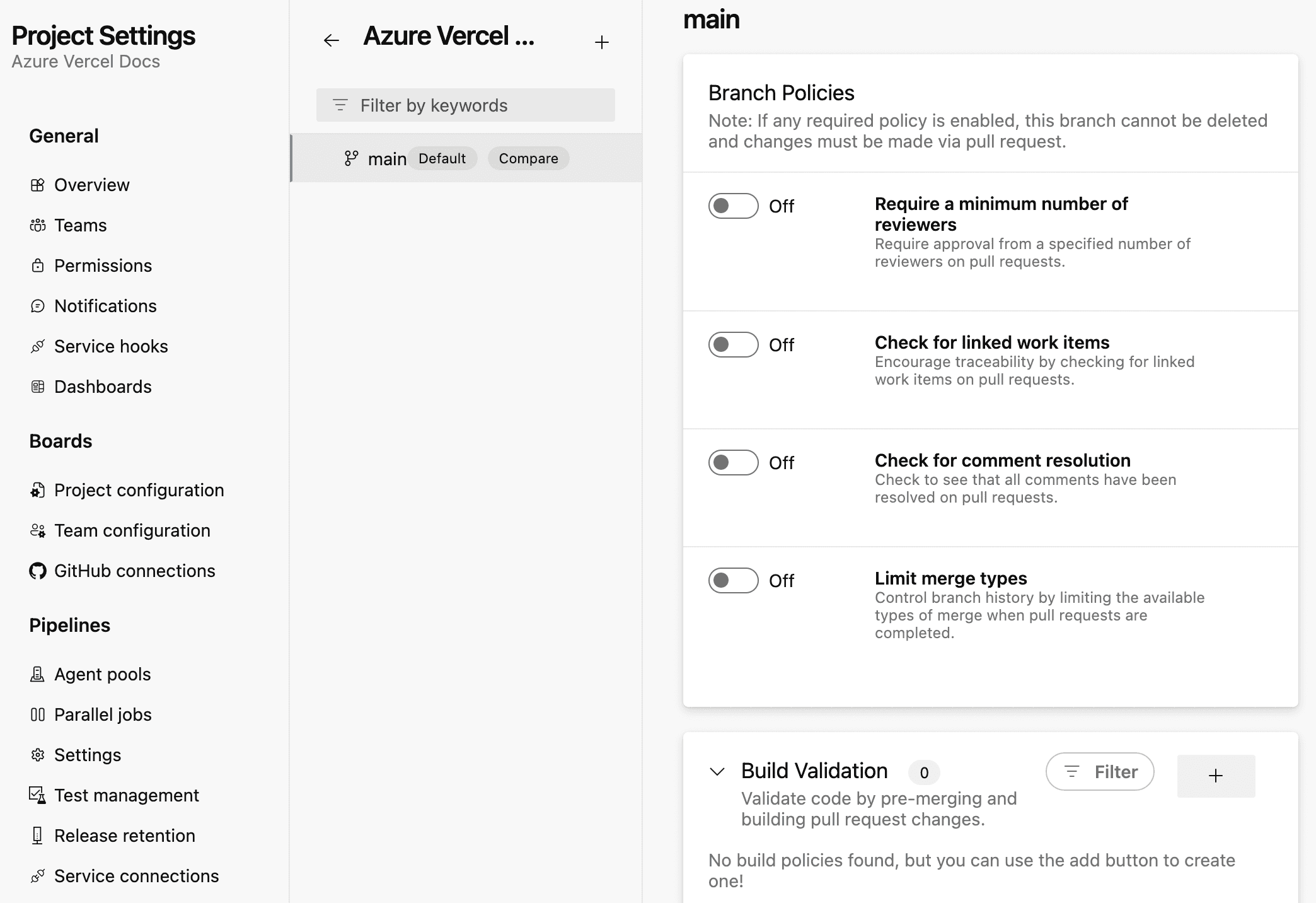 Azure Build Validation under Branch Policies of Project settings