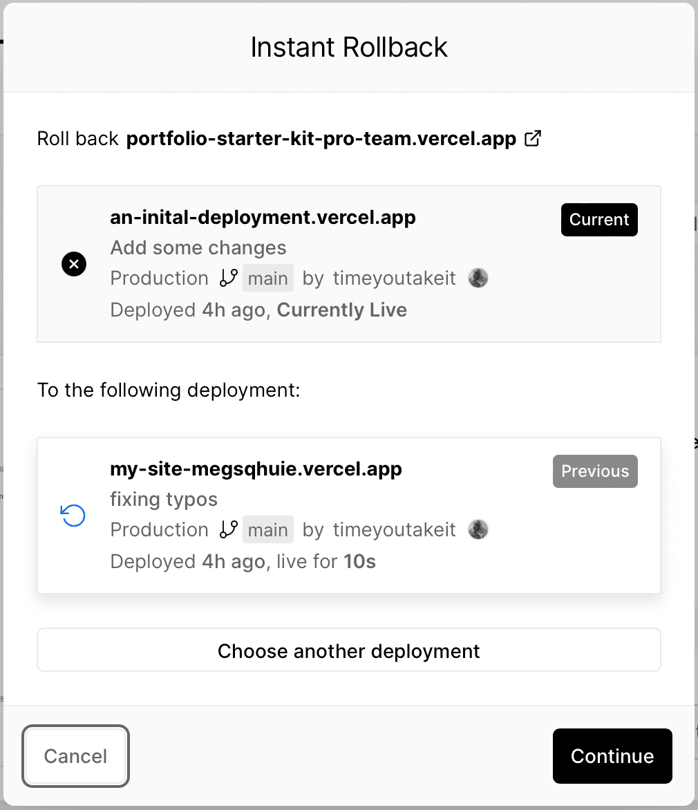 Dialog showing the current and previous deployments.