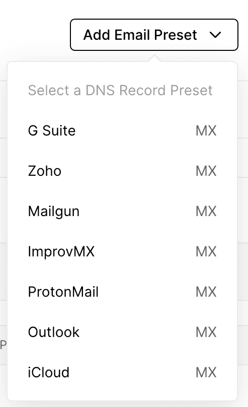 Adding a DNS Email Preset by clicking the Add Email Preset button.