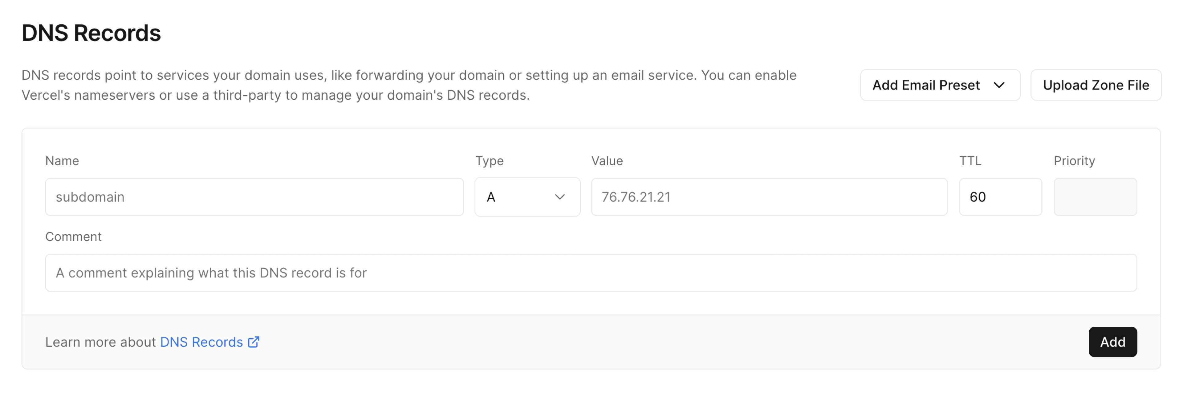 DNS Records form to add a new DNS Record.