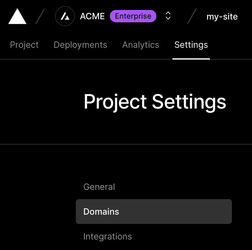 Selecting the Domains menu item from the Project Settings page.