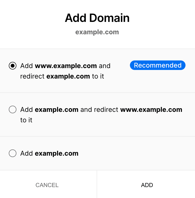 Choosing redirect options for your apex domain.