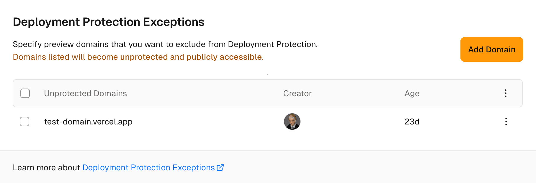 Deployment Protection Exceptions.