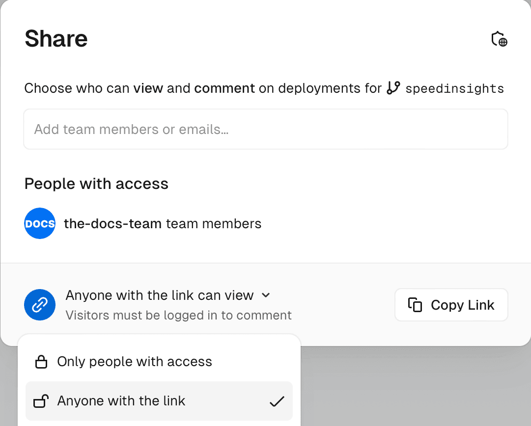 The Share settings modal.