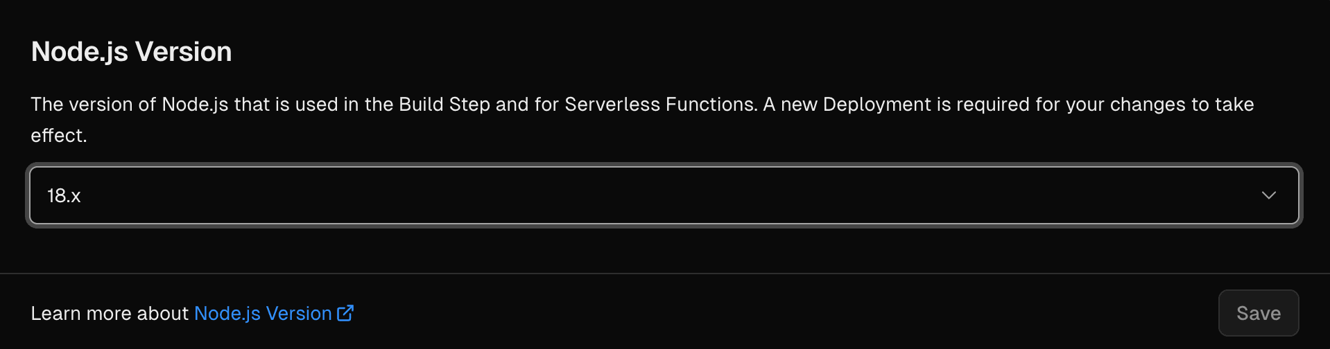 First, select your Node.js version in Project Settings.