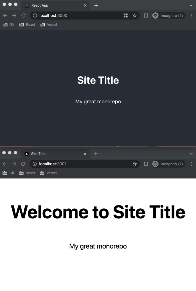 The browser output for localhost:3000 and localhost:3001